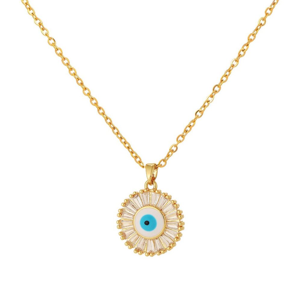 Radiant Sunburst Evil Eye Necklace | 18K Gold Plated | Enamel & CZ Halo | Lucky